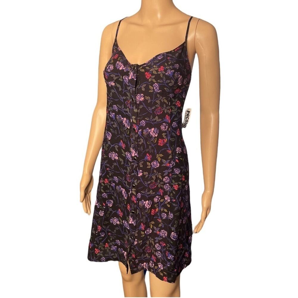 NWT PacSun Floral DRESS Womens Size 10 Black Purple Buttons Comfy